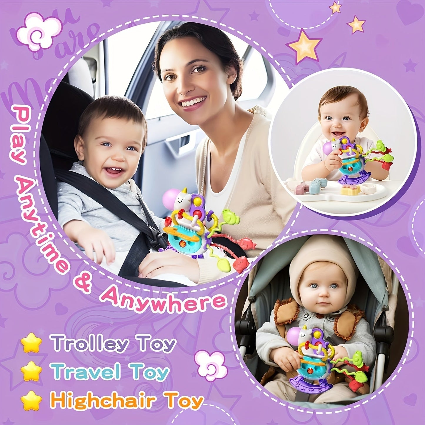 Unicorn-themed sensory toys designed for toddlers, featuring silicone pull-string activities for educational play and teething relief. Perfect birthday gifts for boys and girls ages 6, 9, 12, and 18 months.