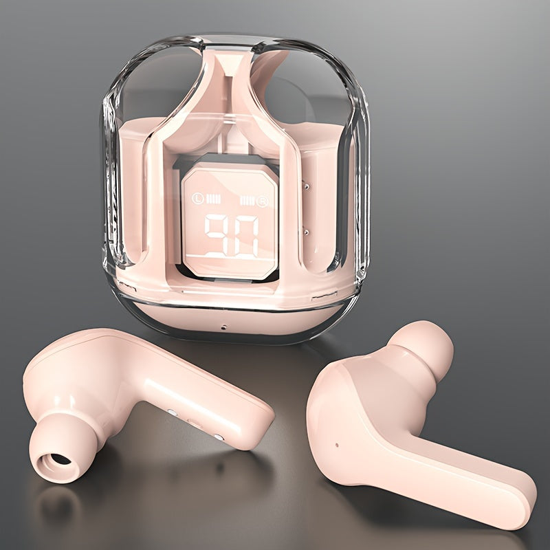 1 pair of transparent TWS wireless earbuds with LED power display, volume control, condenser mic, and rechargeable lithium polymer battery. Compatible with smartphones, with Type-C