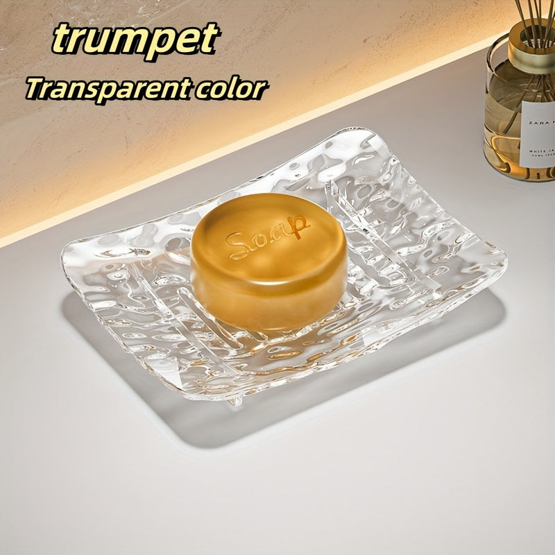 Set of two clear glass soap dishes in sizes large and small with a textured design, made of plastic and does not require electricity.