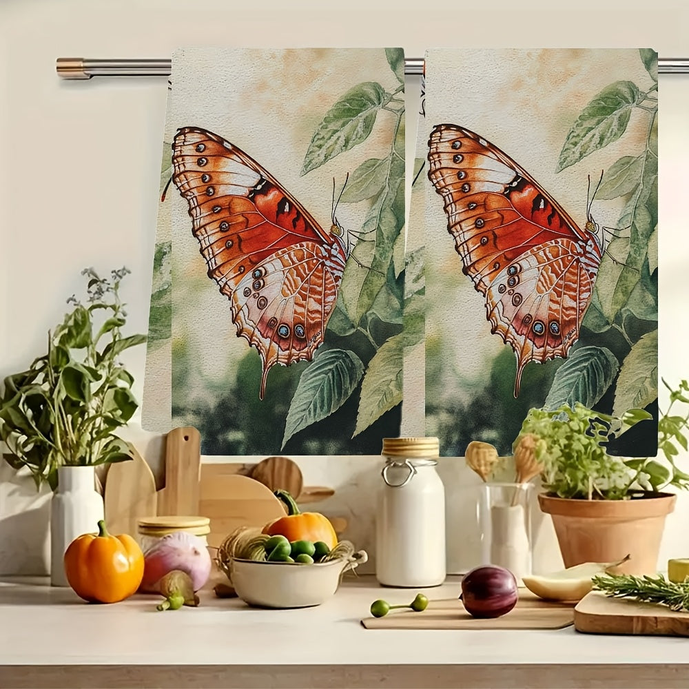 Two pieces of ultra soft kitchen towels featuring a vibrant butterfly design. These highly absorbent and machine washable dish hand towels are perfect for adding a contemporary coastal decor to your kitchen. Each towel measures 40.64x60.96 cm.