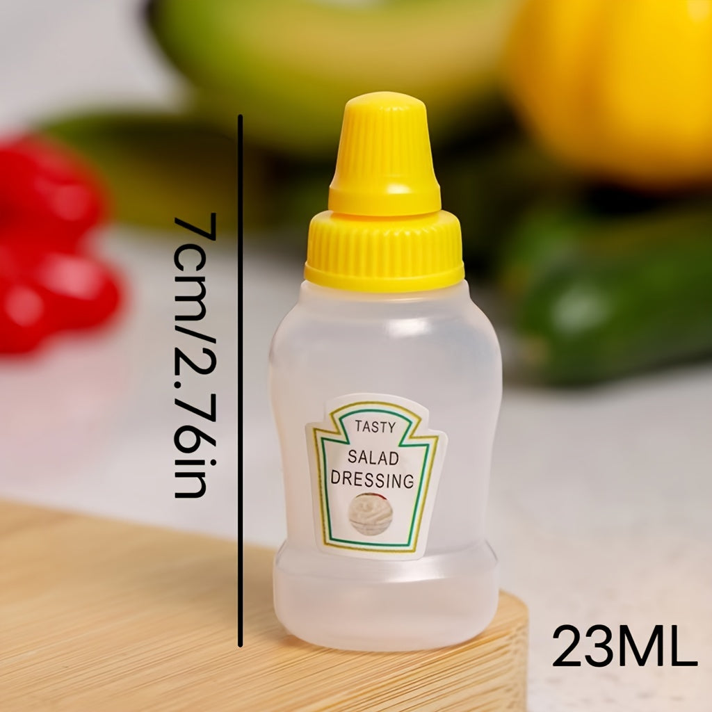 Set of 4 mini sauce bottles for salads, ketchup, honey, and soy sauce - BPA-free plastic dispensers for kitchens and restaurants.