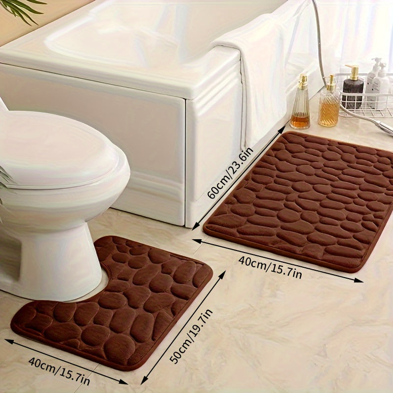 Two pieces of ultra-soft bath mats with stone embossing, 25D thick sponge material. Non-slip and highly absorbent, suitable for use in the shower, kitchen, laundry room, and as bedroom decor.