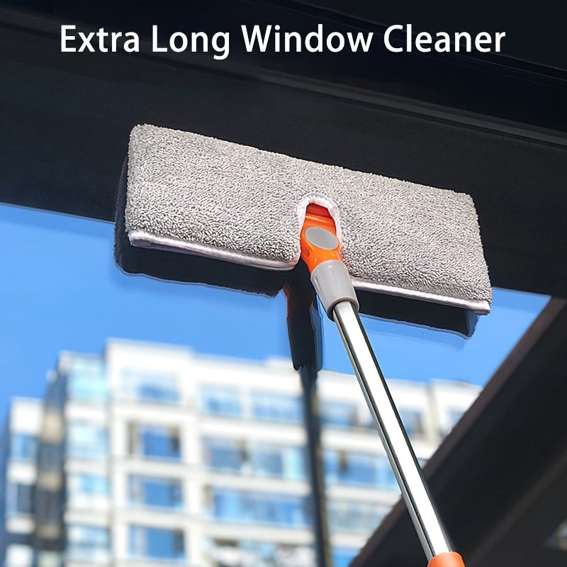 Extra-long window and glass cleaner set includes a wall tile cleaner, high-rise cleaning tool, all-around rotating double-sided mop head, and 4 pads.