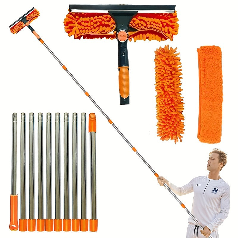 The 2-in-1 Window Cleaning Kit includes a double-sided squeegee and microfiber cloth with a telescopic handle. This reusable tool has a hard firmness for outdoor glass cleaning, no electricity needed. Available in Orange/Grey/Blue.