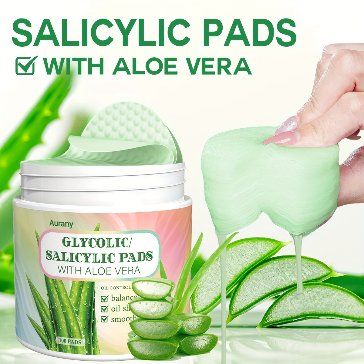 AURANY 100 Pads: Aloe Vera Glycolic/Salicylic Acid, Unisex Adult, Alcohol-Free, Moisturizing, Exfoliating, Pore Shrinking, Deep Cleansing, All Skin Types, Aloe Vera Scent, No Accessory.