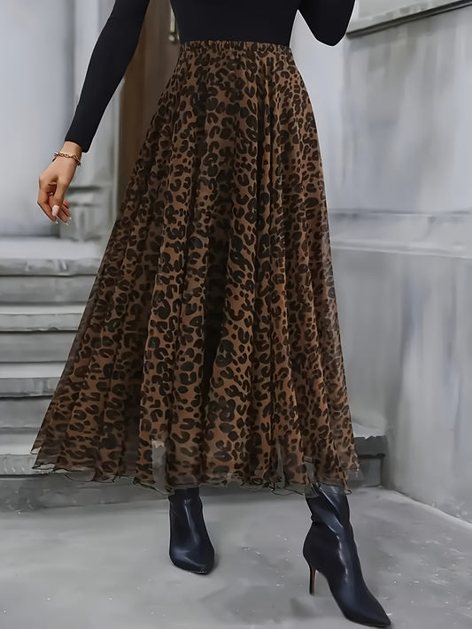 Stylish high-waisted leopard print mesh skirt for plus size women, featuring an A-line silhouette, frayed hem, and a chic brown color. Made of a polyester and spandex blend, it is machine