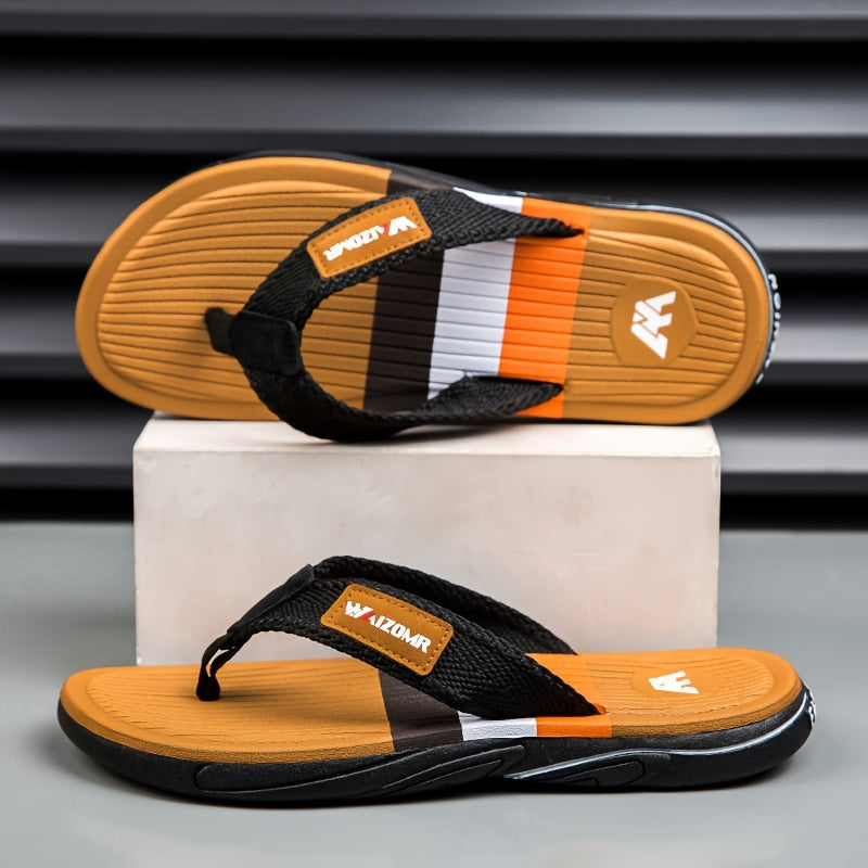 Stylish men's color block flip flops with non-slip rubber sole for indoor activities.