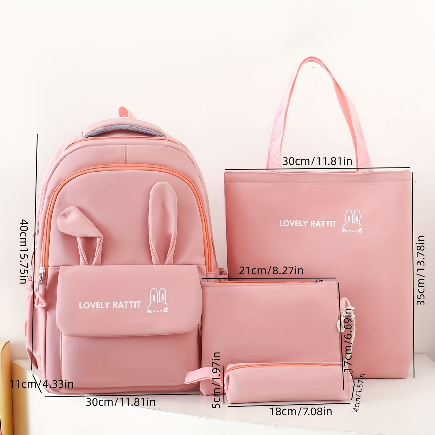 Women's backpack set with cute cartoon ears, lightweight and fashionable design. Includes 4-piece set with large capacity, zipper closure, and polyester lining. Origin: Baigou Production