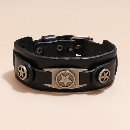 [Trending Pick] Men's Punk Rock Style Bracelet, Made of Genuine Leather with Zinc Alloy Star Pendant, Non-Magnetic Fashion Statement Piece