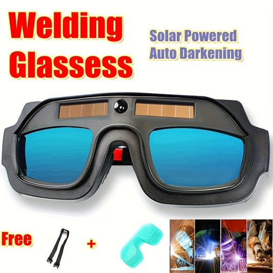 Welders' protective eyewear with anti-glare solar cells and auto-darkening technology.