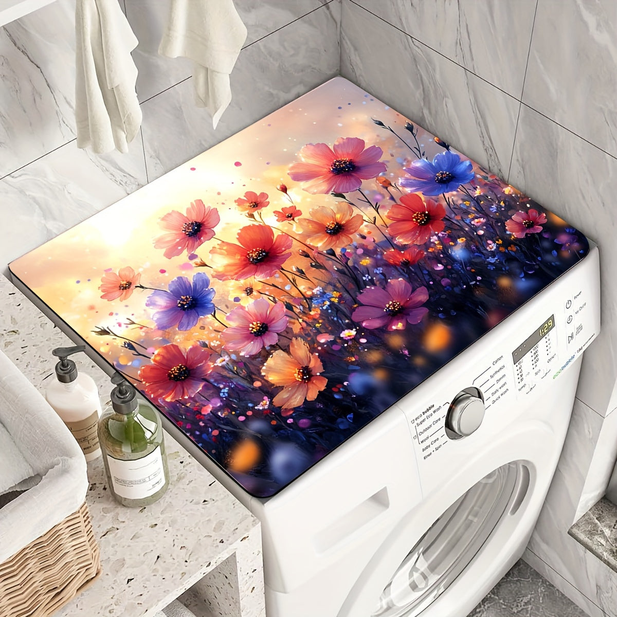 1pc Floral Washing Machine Dust Cover Mat made of polyester, perfect for protecting your washer, dryer, and small appliances. This universal quick-dry top pad is not only practical but also adds a modern touch to your home decor. Its absorbent and