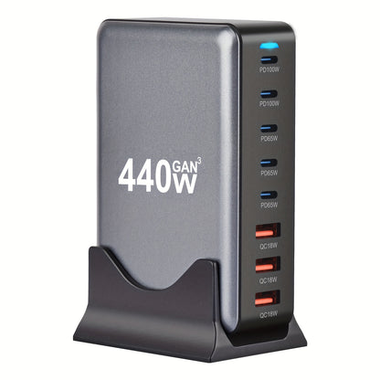 440W USB C адаптер питания с 8-портовым зарядным хабом, Gan III PD 100W зарядное устройство для ноутбуков, совместимое с различными устройствами. Подходит для путешествий и нескольких устройств, включает 3 USB A и 5 USB C.