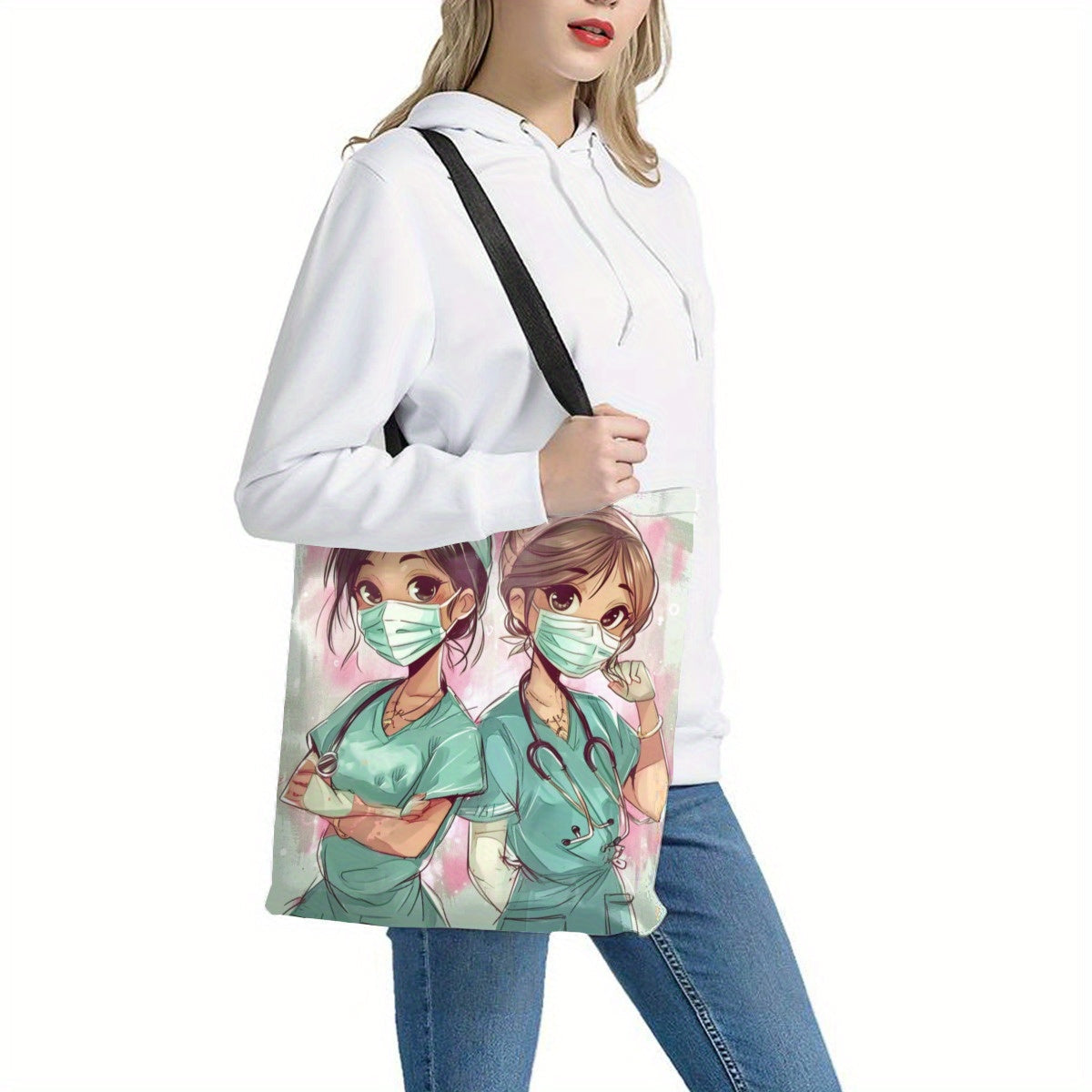 Large capacity shoulder bag with a cute cartoon nurse print, ideal for shopping.