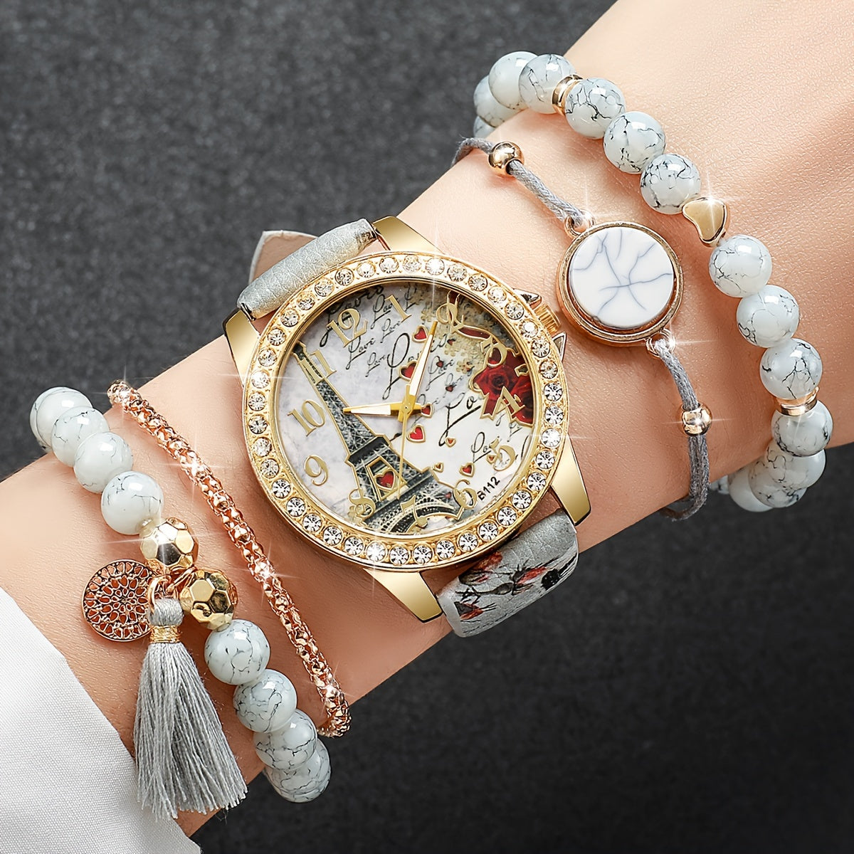 Set of 5 Women's Fashion Casual Digital Tower Dial Quartz Watch + Bracelet, without watch box included.