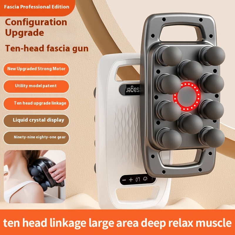 1pc Ten-Head Fascia Gun Massager with 9 modes, 9 intensity levels, high-speed motor, rechargeable battery, USB charging, LED display, for whole body.