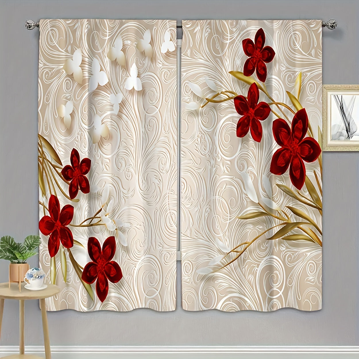 Two pieces of floral printed curtains with rod pocket design for windows, perfect for bedroom or living room window treatments and home decoration. Enhance the room decor with these beautiful drapes.