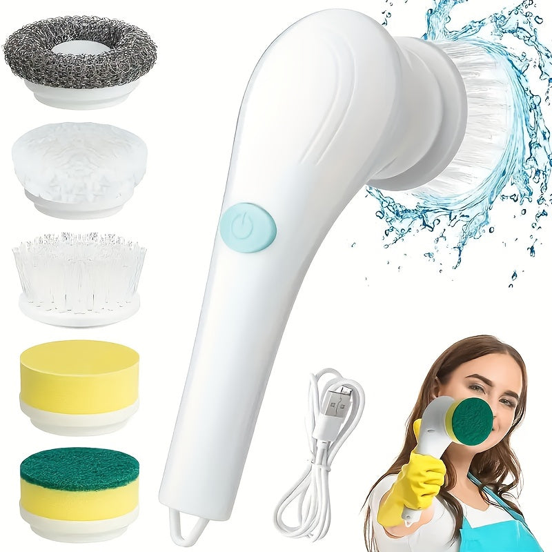 Portable Cordless Electric Scrubber with 5 Interchangeable Brush Heads, Handheld Rechargeable Brush for Bathtub, Tiles, Shower, Kitchen, Car, Glass Cleaning. Features USB Charging and 800mAh Lithium Battery.