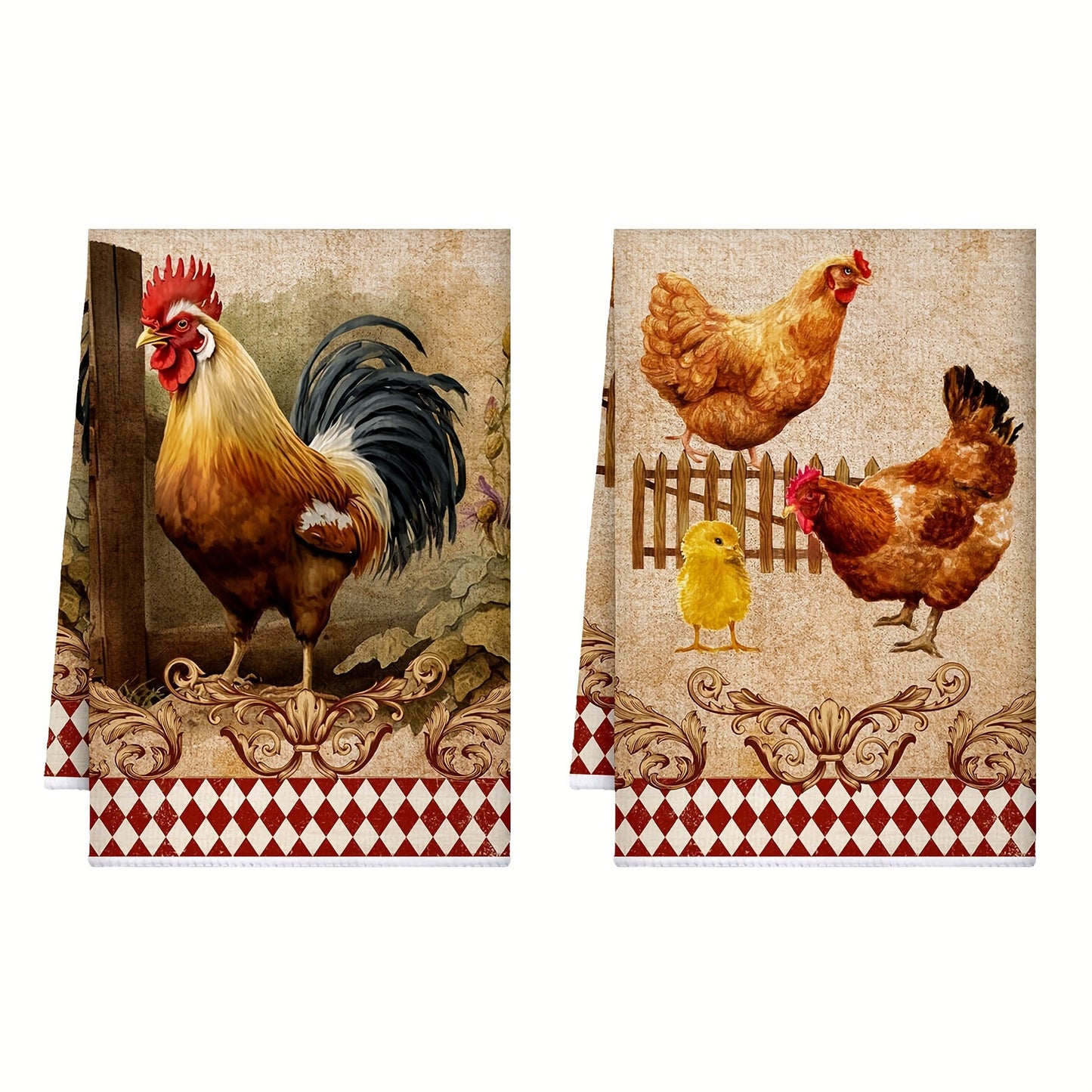 4pc Rustic Rooster Kitchen Hand Towels, Polyester Dish Cloths, Country Style Vintage Christmas Tea Towels