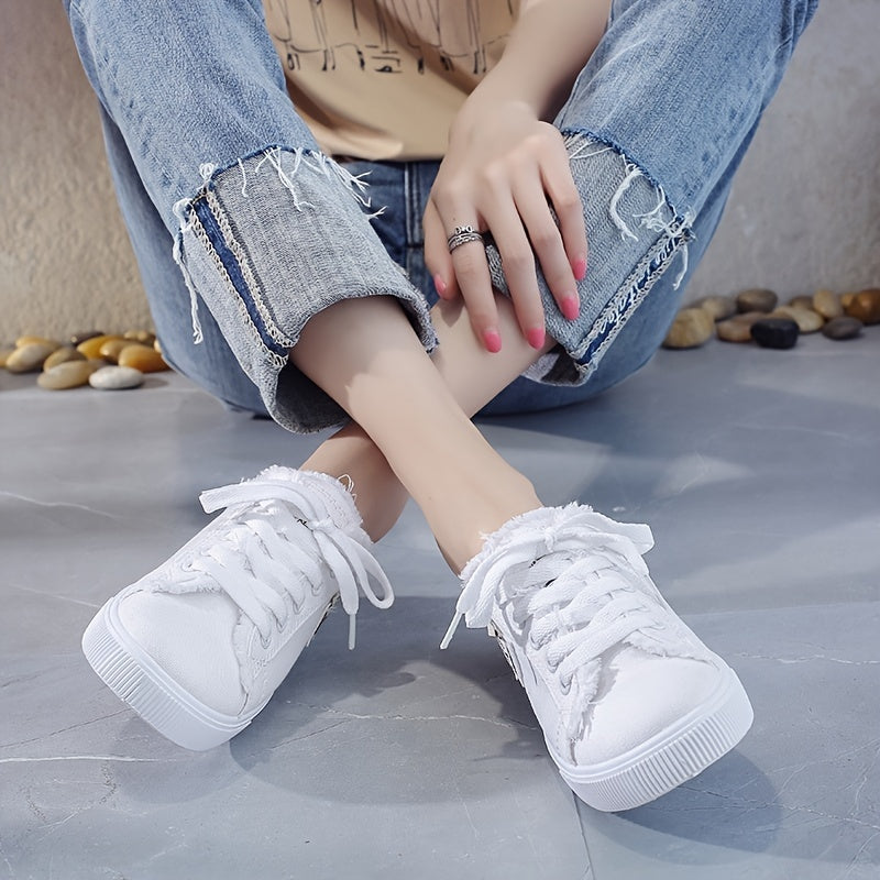 Fashionable solid color platform canvas shoes with a round toe, lace-up design, and breathable slip-on feature, ideal for casual summer wear.