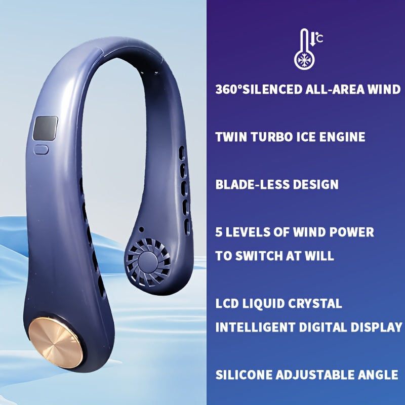 Stay cool with the JKUOO Portable Neck Fan, featuring a digital display, 5 speed settings, adjustable silicone strap, USB rechargeable 1200mAh lithium battery, and large wind output. Perfect for use at home, in the office, or during outdoor activities