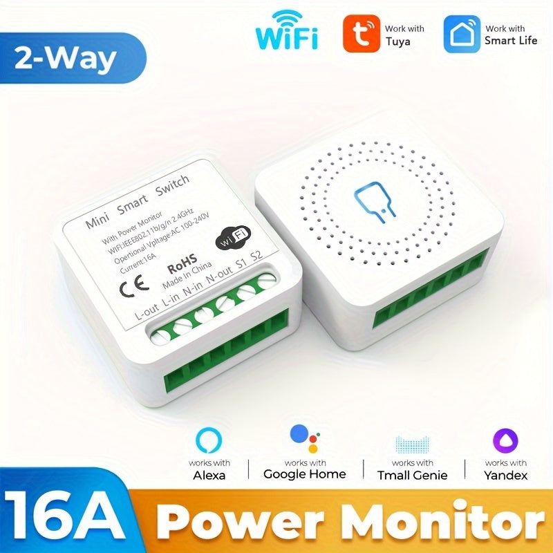 DIY 16A Power Switch Module with WiFi, ZigBee, Tuya app, voice control, 2-way power control, 110V/220V, app controlled, flush mount, for electronics - no battery needed.