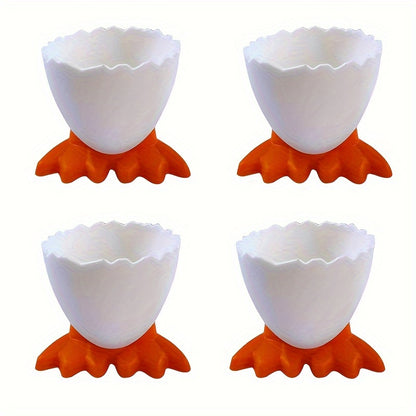 4 plastic egg cup holders with cartoon base design, perfect for boiled eggs. Durable, kid-friendly, and ideal for breakfast and parties.