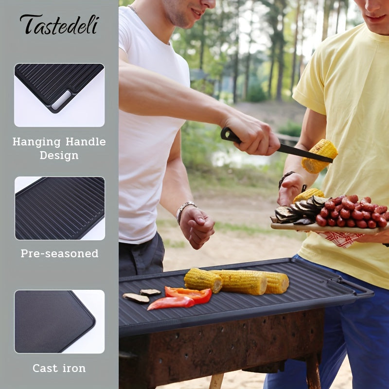 Introducing the Tastedeli 45.72x25.4cm Pre-Seasoned Cast Iron Double Grill/Griddle! Ideal for Outdoor Camping, Picnics & BBQs - TASTEDELI