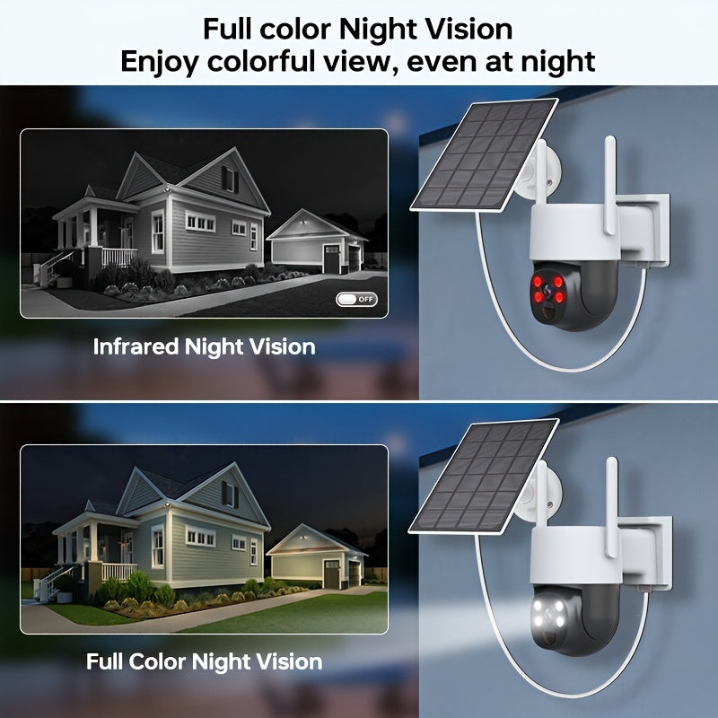 The ZHXINSD 4MP Solar-Powered Outdoor Security Camera offers wireless connectivity and WiFi capabilities, providing a 360° view with color night vision. It features a spotlight alarm and PIR sensor, along with a USB rechargeable battery. Compatible with