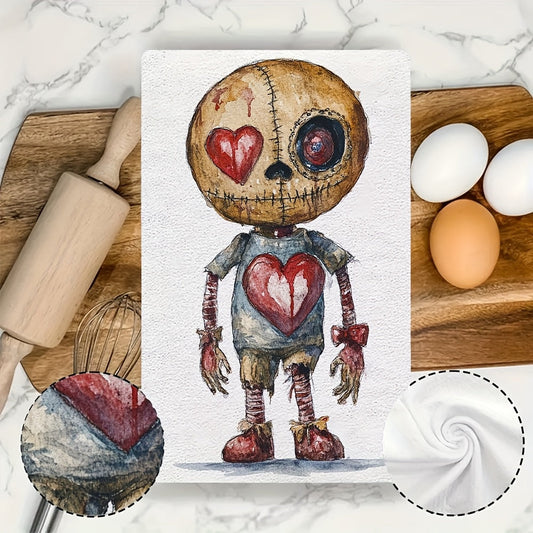 Set of 2 Ultra Soft Kitchen Towels featuring a Quirky Voodoo Doll with Heart Design, Exceptionally Absorbent & Easy to Clean, Size 40.64x60.96 cm - Ideal for Valentine's Day Decor, Festive Dish Towels|Unique and Fun Towel Design|Soft Knitted Texture