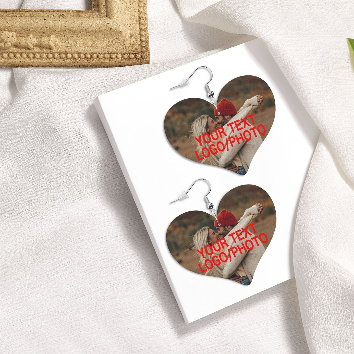 Personalized Heart-Shaped Leather Earrings - Custom Text/Photo, 925 Silver Plated, Elegant Design, Perfect for Any Occasion