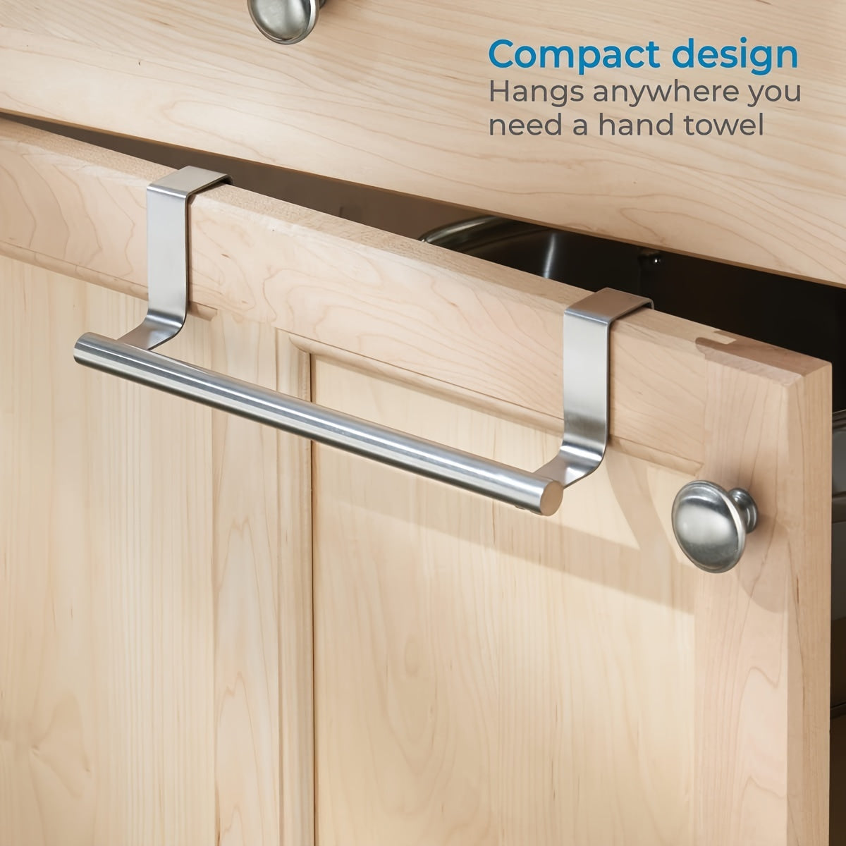 Steel towel bar for door or cabinet storage, holds hand and dish towels in kitchen or bathroom.