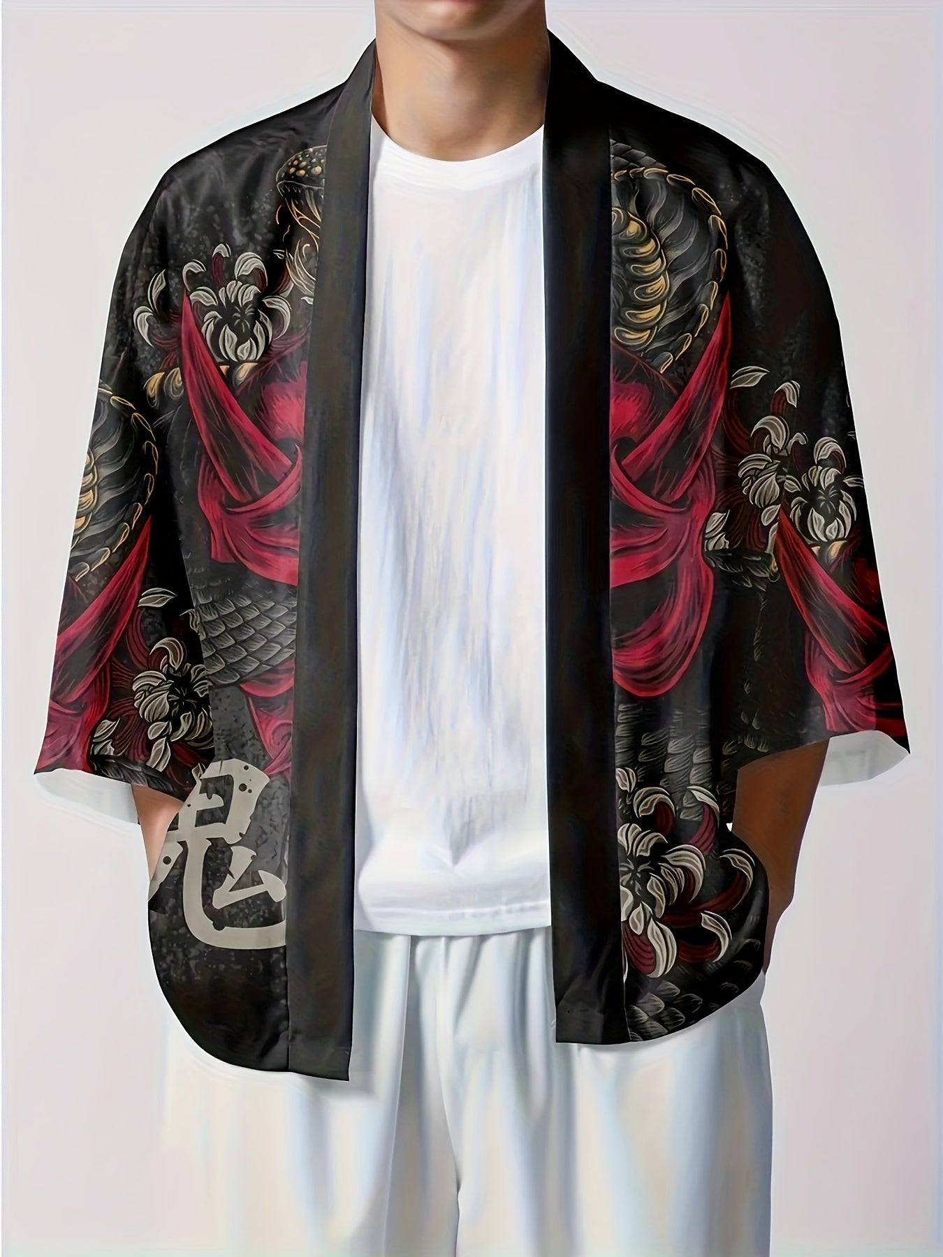 Japanese-style kimono shirt for men with ghost and snake illustration pattern, three-quarter sleeves, and open placket. Perfect for summer streetwear.