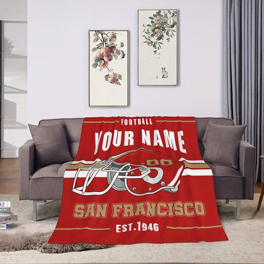 Personalized San Francisco Football Blanket - Customizable Name Throw for Bed or Sofa, Soft and Cozy Flannel Travel Blanket, Rectangular Polyester Woven Design, No Electricity Required, Perfect Home and Kitchen Decor for Football Fans of All Ages.