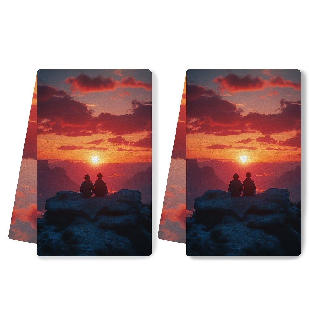 This duo of ultra-soft kitchen towels showcases two charming characters relaxing on a heart-shaped rock as they watch a beautiful sunset. These highly absorbent dish towels are ideal for adding a festive touch to your home decor, and are conveniently