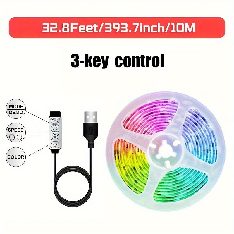 65.6ft RGB 2835 LED light strip with USB power for TV backlight and room decoration.