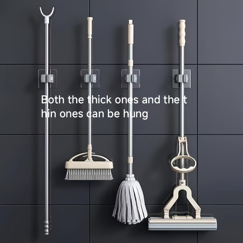 6-Pack of contemporary wall-mount mop and broom holders made of heavy-duty plastic for easy installation in the bathroom and kitchen with a modern style.