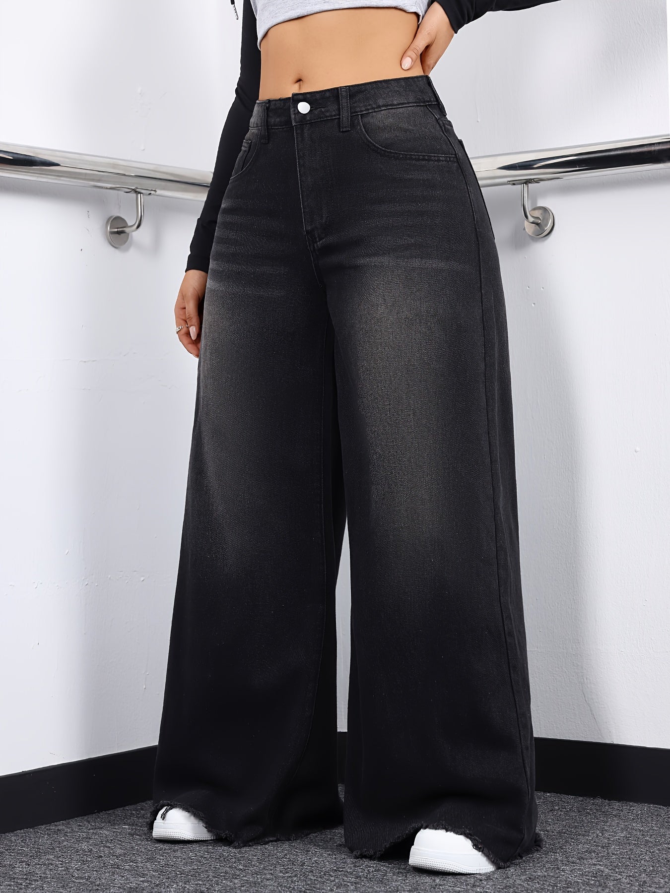 Raw Hem Wide Leg Loose Fit Denim Pants, Women's Streetwear Denim Jeans.