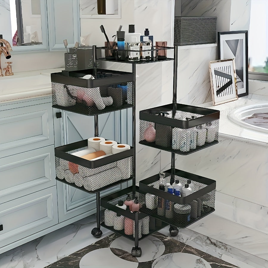 Square 4-tier metal rotating storage rack on wheels for kitchen and bathroom. Golden tube frame, pre-assembled for convenience.