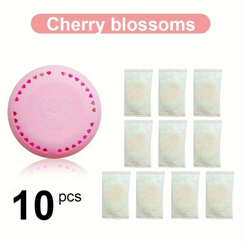 10 scented air freshener tablets in Cherry Blossom & Lavender scent for long-lasting odor elimination in various spaces. Made with compressed solid deodorizer and includes an extra shell.