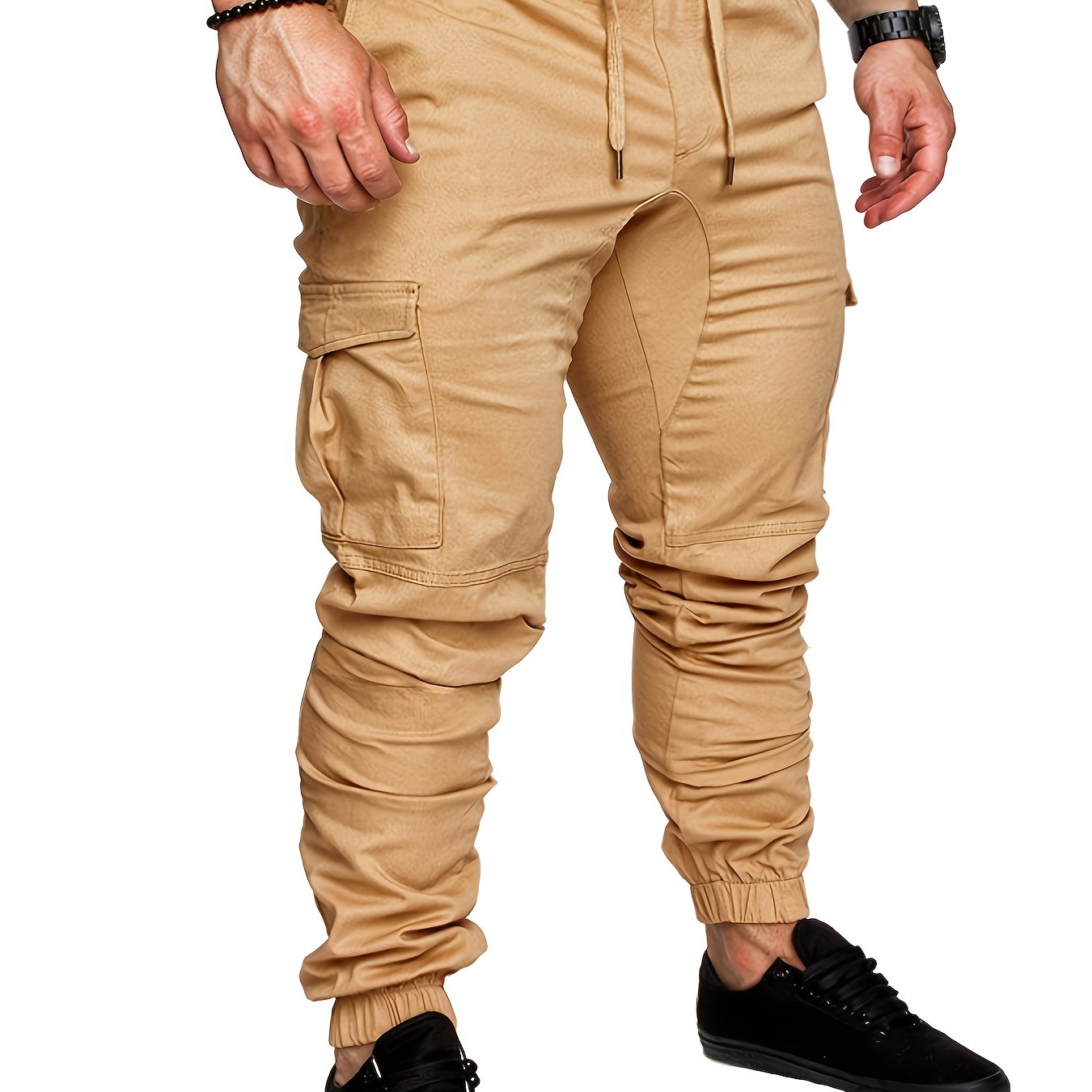 Men's casual cotton cargo pants with solid color, regular length, non-stretch fabric, drawstring waist, standard fit, and woven weave, suitable for all seasons.