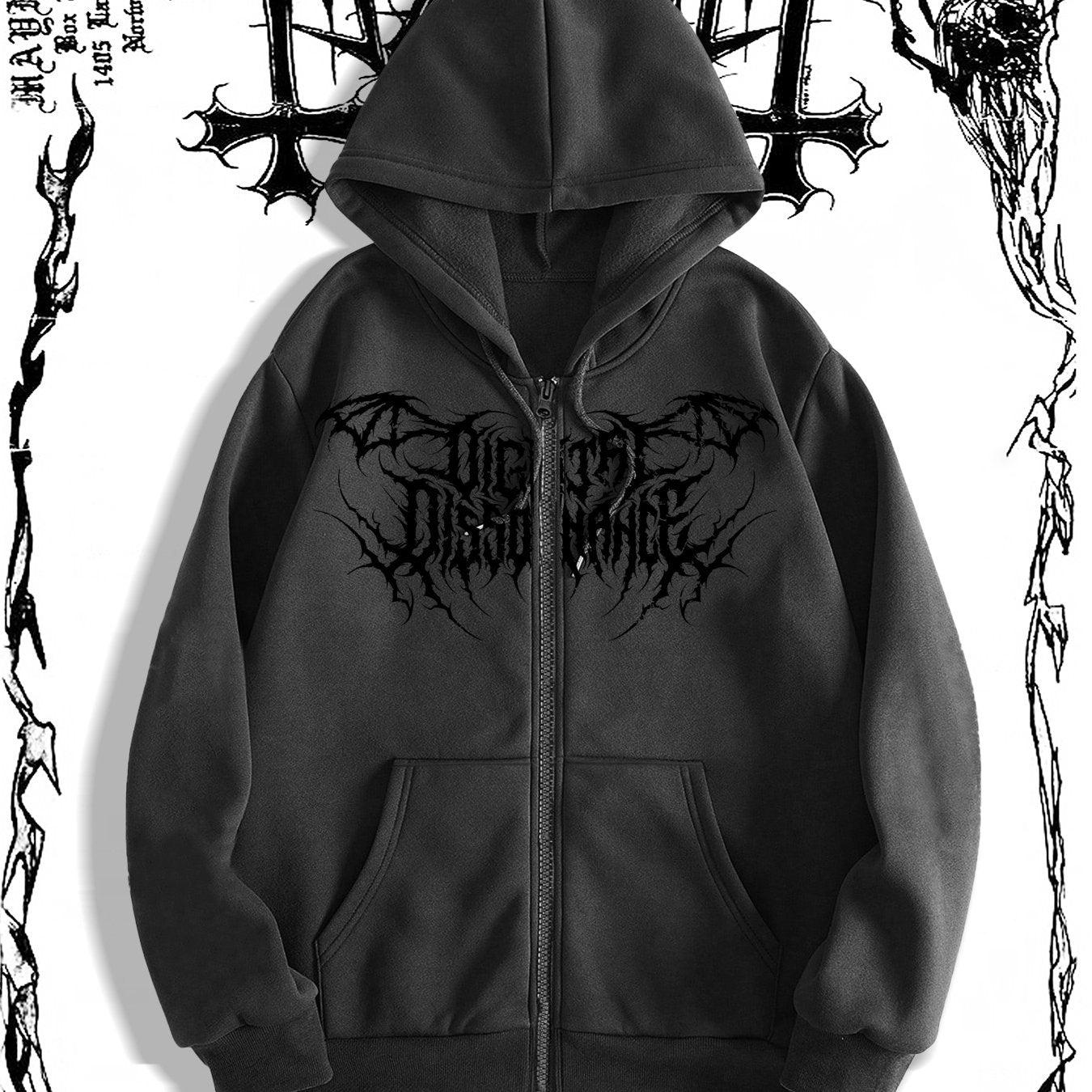 Men's Gothic Dark Print Hooded Sweatshirt with Zipper, Regular Fit, Fall/Winter Collection, 250g/m² Fabric Weight.