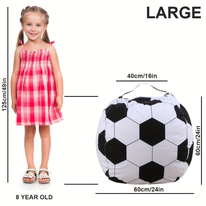 Large soccer ball bean bag chair cover with stuffed sloth plush toy included. Made of polyester material, foldable and hand washable. Can be used as a multipurpose room decor for teen boys. No electricity or batteries required.