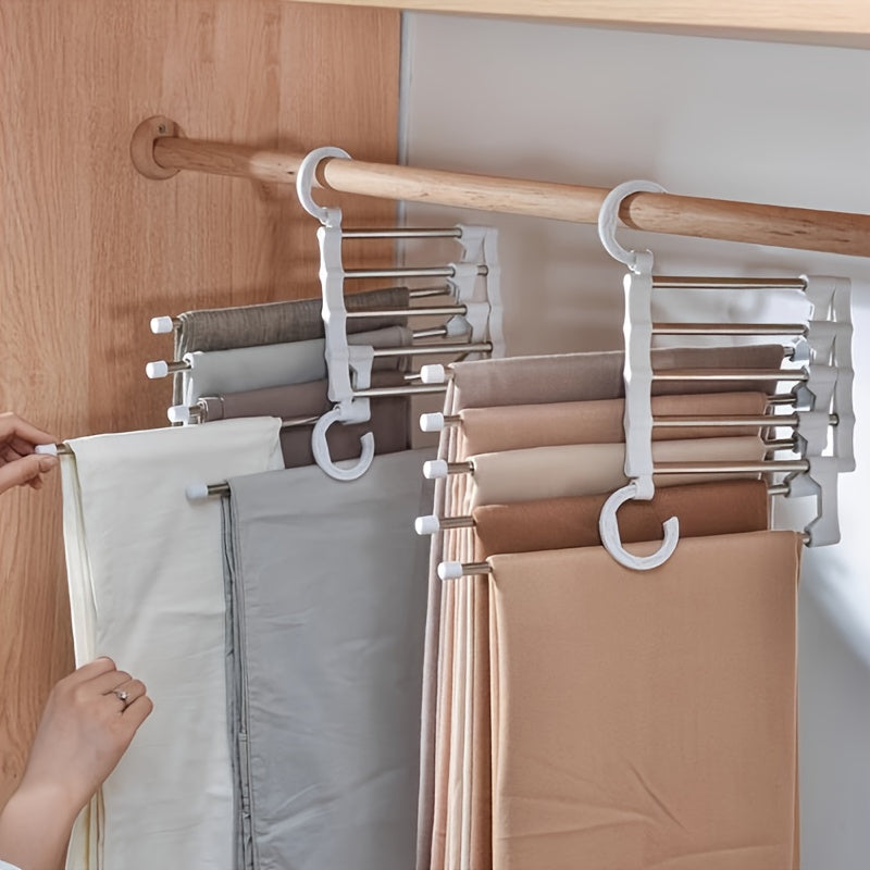 1 Stainless steel trouser hanger with 9 layers, anti-slip coating, 5 hooks; saves space and reduces clutter by 80% for tights, jeans, etc.