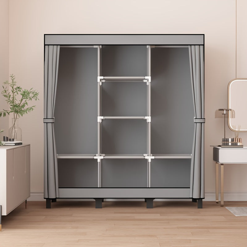 Modern Black Fabric Wardrobe by OUMYJIA, Durable Steel Frame, Multi-Layer Storage System for Rental Properties, Dorms, and Homes. Includes 12-16mm Metal Pipes for added stability. Easily Portable Closet Solution.