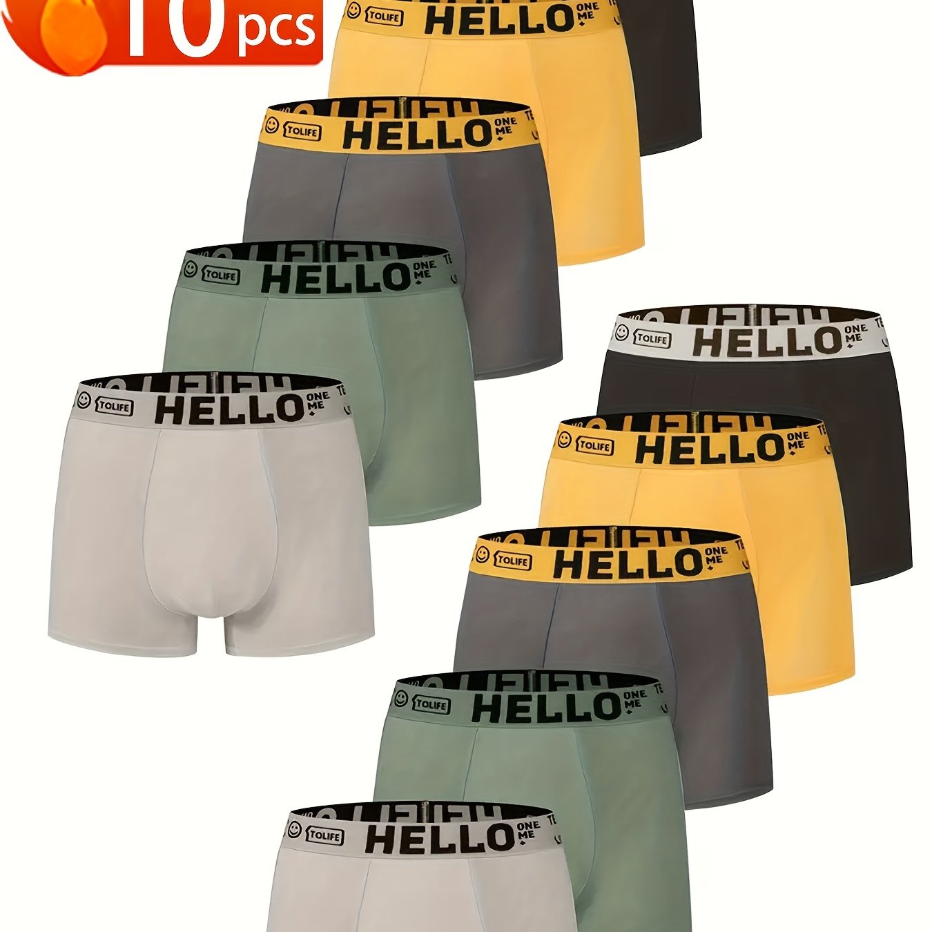 10 men's "HELLO" boxer briefs made of 95% polyester and 5% spandex, with high stretch knit fabric in solid color. Breathable and comfortable for casual wear.