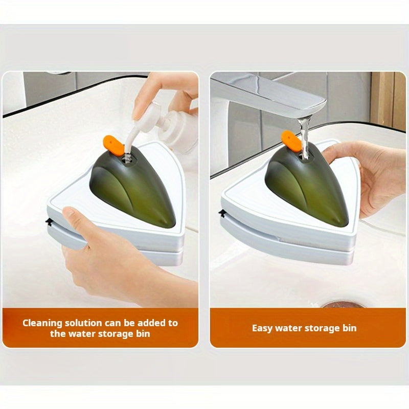 Magnetic window cleaner with water storage, plastic squeegee, and dust collection for glass surfaces in various rooms and vehicles, including high-rise buildings.