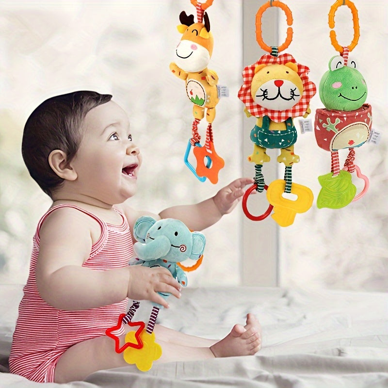 Plush Animal Baby Grip Toy Set - includes Lion, Frog, Elephant, and Fawn Toys with Wind Chime and Hanging Pendant for Crib, Suitable for Babies 0-3 Years - Educational Rattles, Perfect for Christmas, Thanksgiving, Halloween, and Easter Gifts.