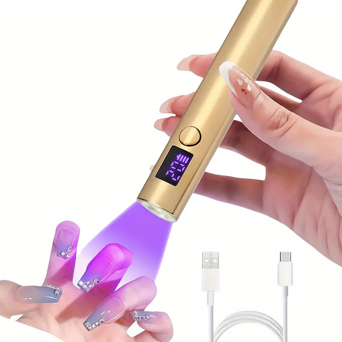 USB rechargeable handheld mini LED nail lamp with digital timer, ideal for DIY home and salon manicures.