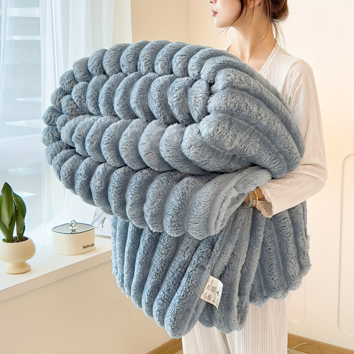 Cozy Contemporary Striped Plush Blanket made with Thickened Polyester Knit Fabric, Perfect for All Seasons. Can be used as a Bedspread, Nap Blanket, or even as a Pet Blanket. Weighs 250-300gsm.