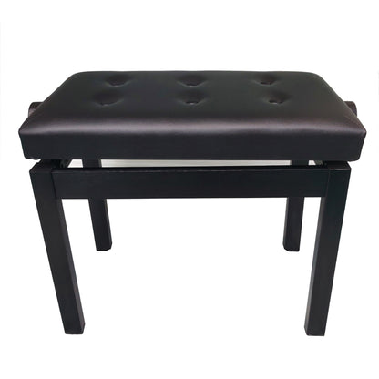 Piano stool with adjustable height, button-tufted black cushion, high elasticity sponge, and durable wooden frame. Ideal for musicians.